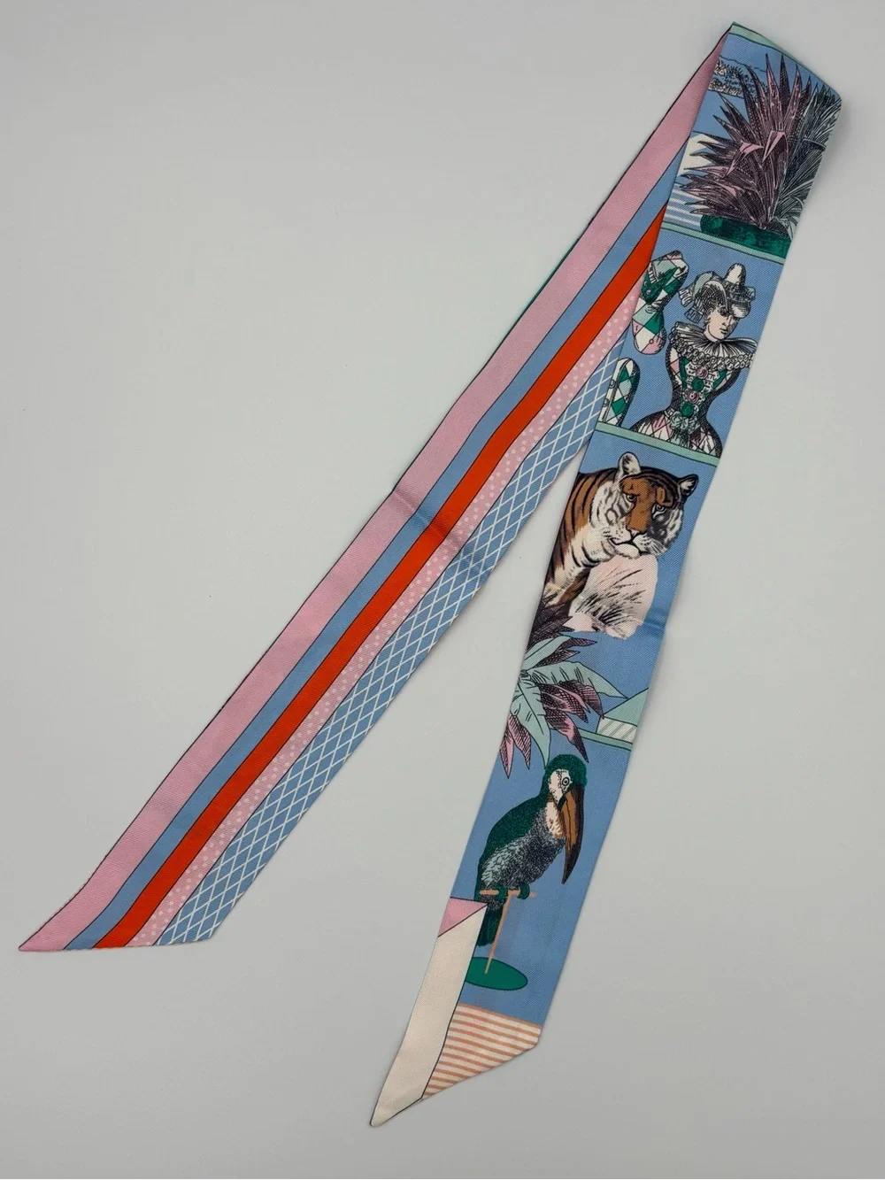 Hermes Grand Theatre Nouveau Twilly Scarf Bleu Pink Multicolor Silk Ribbon - Picture 2 of 6